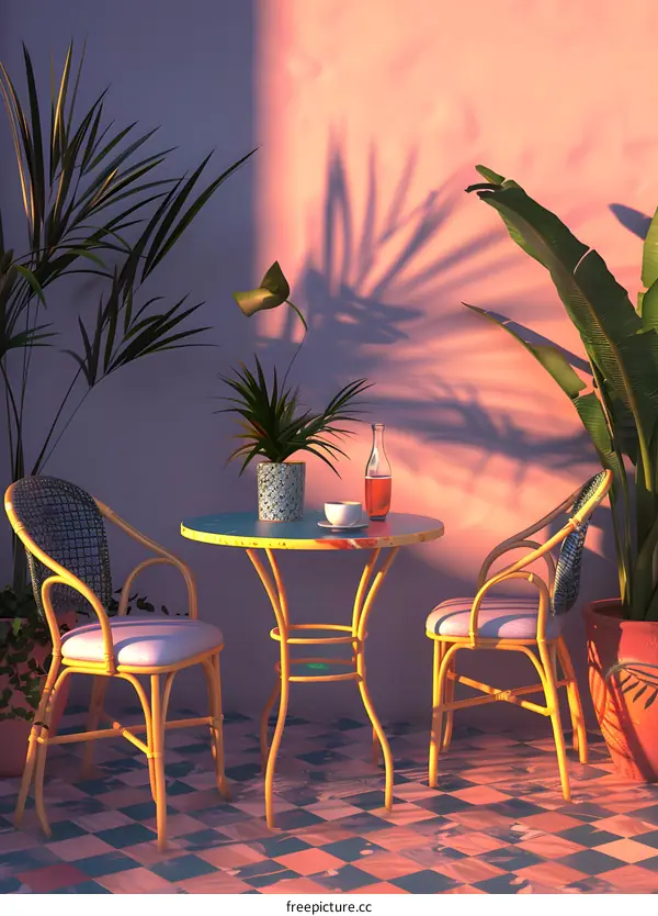 Tropical Patio with Rattan Chairs and Table