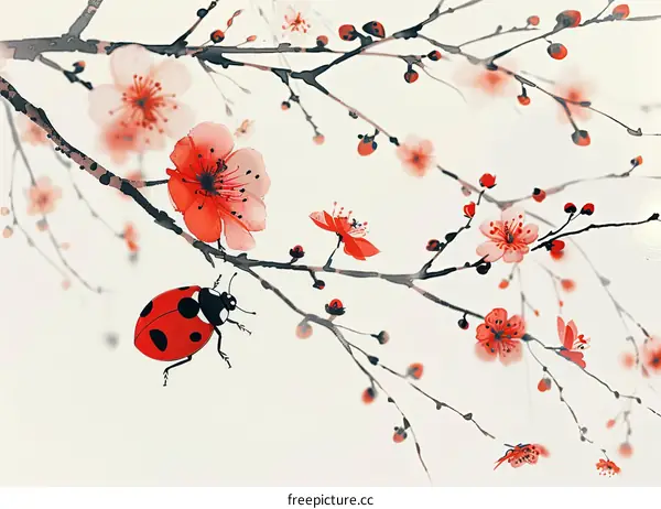 Red Ladybug on a Cherry Blossom Branch