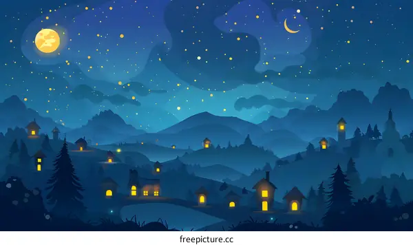 Night Sky View of a Small Town with Moon and Stars