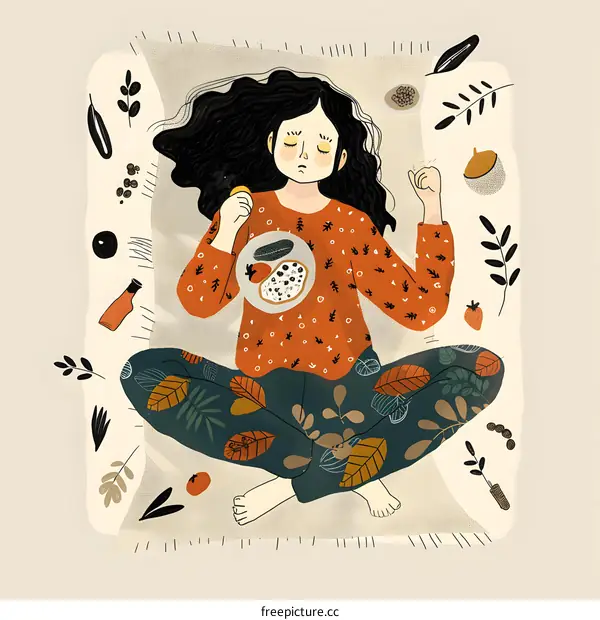 Girl with Long Hair Sitting on a Blanket with Food and Leaves