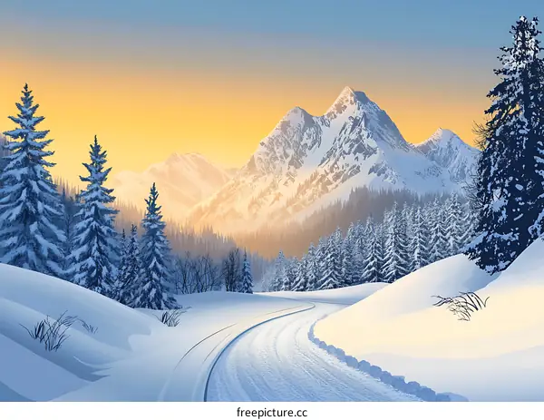 Winter Mountain Landscape with Snow Covered Trees and Winding Road