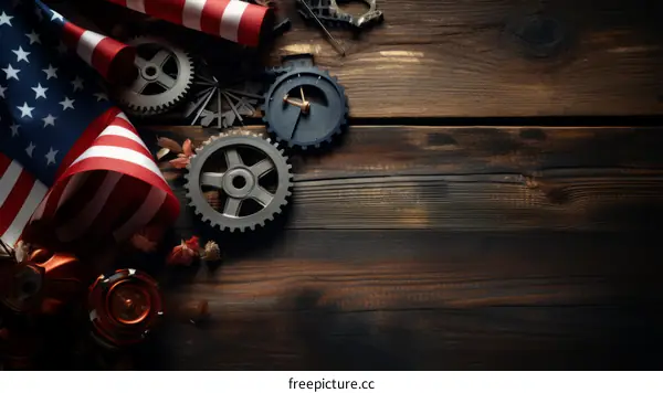 Gears and an American flag on a wooden background