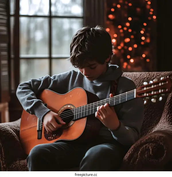 Young Boy Playing Acoustic Guitar in a Cozy Living Room