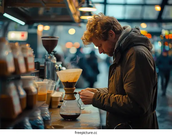 Focused barista making pour-over coffee in a busy coffee shop