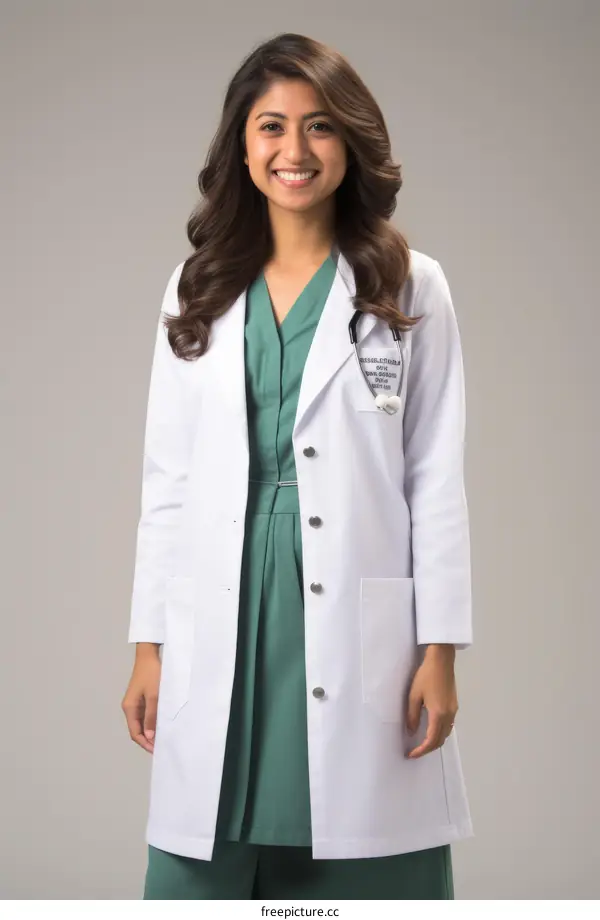 A young female doctor wearing a white coat and green dress smiling