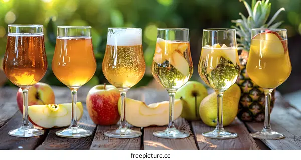 Apple and Pear Cider in Wine Glasses on Wooden Table