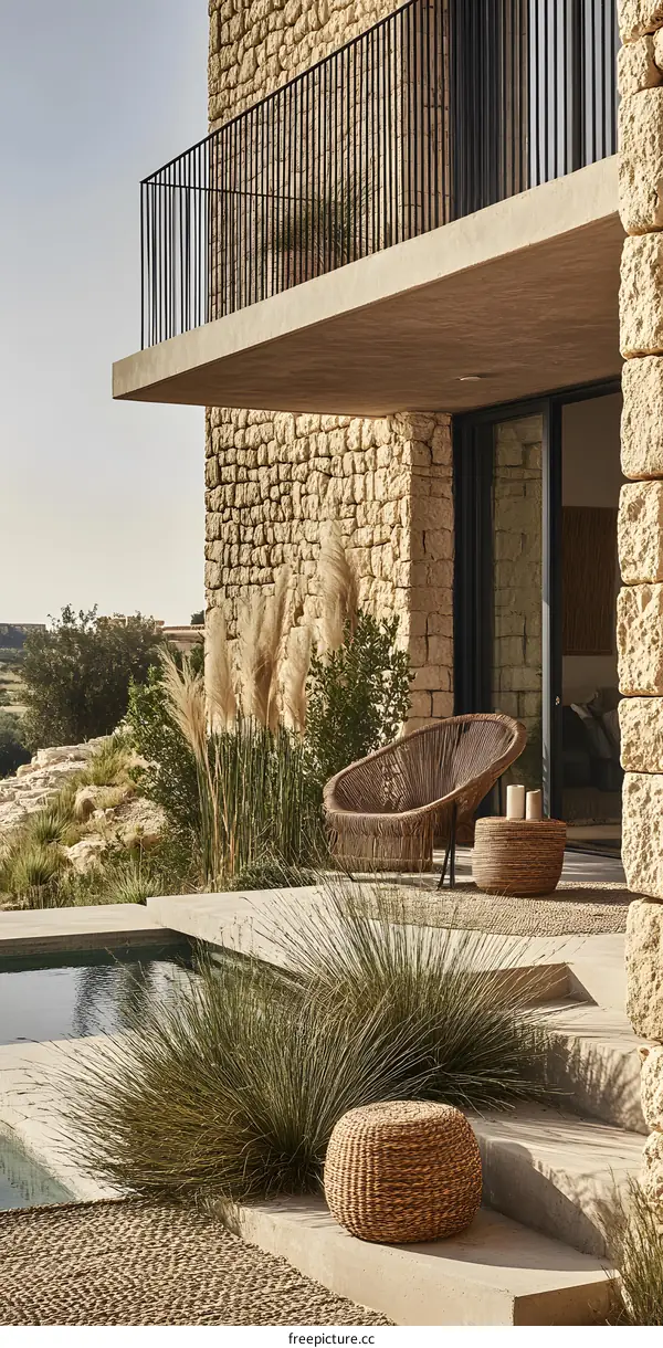 Modern Stone House with Pool and Patio Furniture
