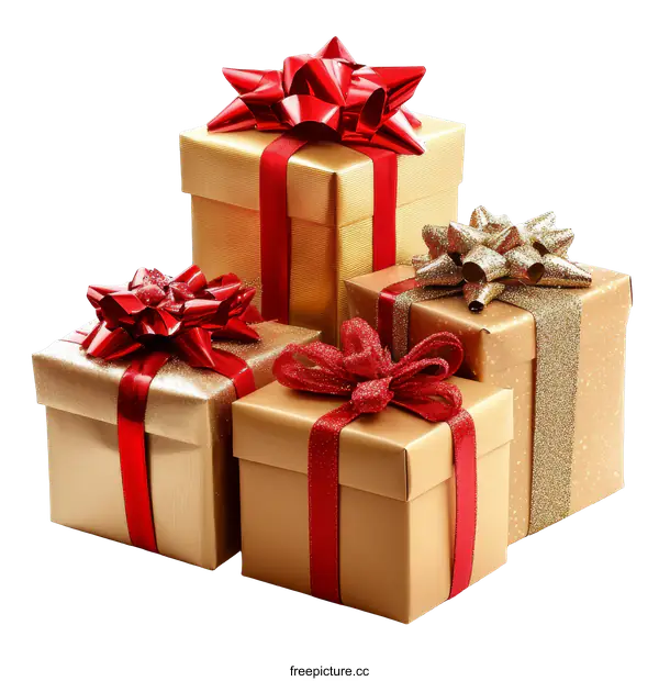 [Transparent Background PNG]Golden Gift Boxes with Red Ribbons