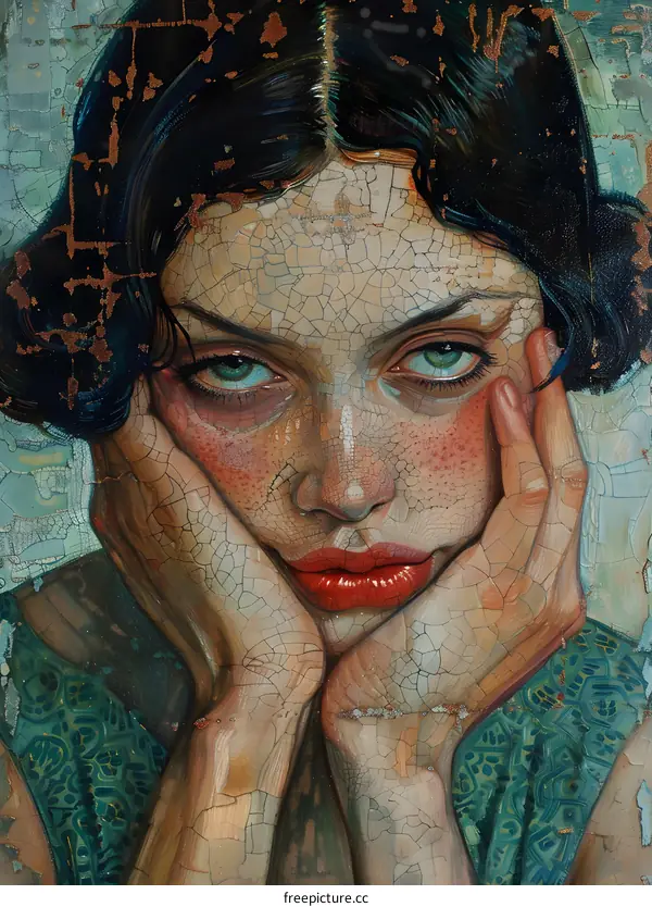 Portrait of a young woman with green eyes and red lips