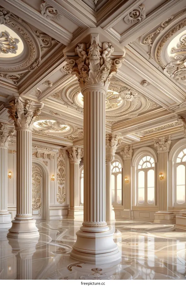ornate interior of a grand hall with columns and arches