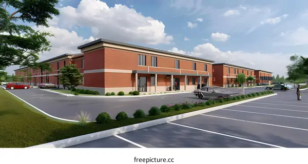 Modern Brick Building With Parking Lot And Person