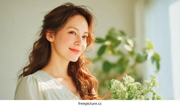 Asian Woman with  Beautiful Hairstyle and a Gentle Smile