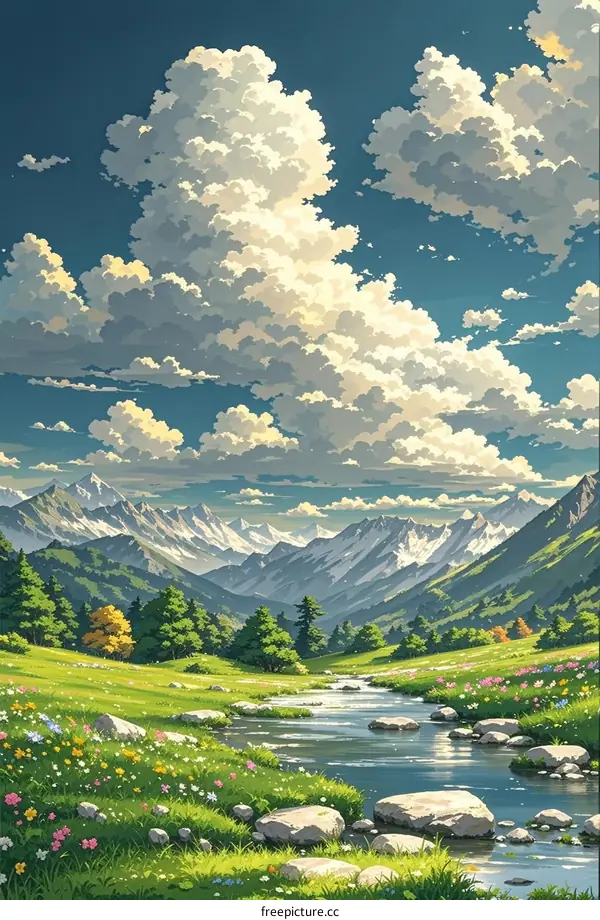 A Beautiful Mountain Landscape with Fluffy Clouds and a Clear Stream