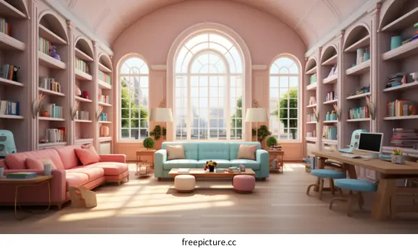 Beautiful Living Room with Pink and Blue Sofas and Oversized Window