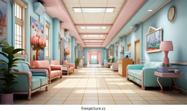 A Dreamlike Hospital Hallway with Vibrant Pink and Blue Interiors