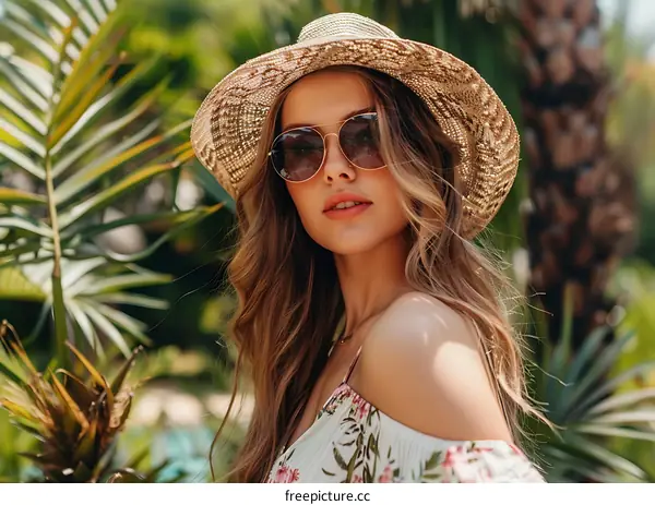 Beautiful Woman in a Straw Hat Posing in Nature