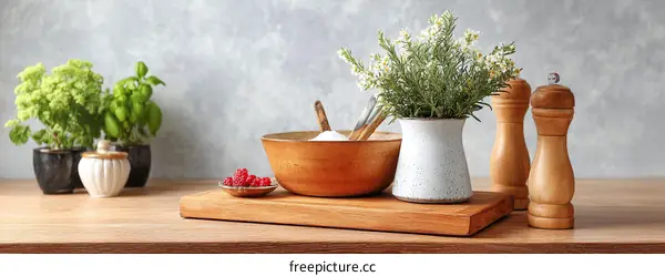 Rustic Kitchenware Arrangement on Wooden Table