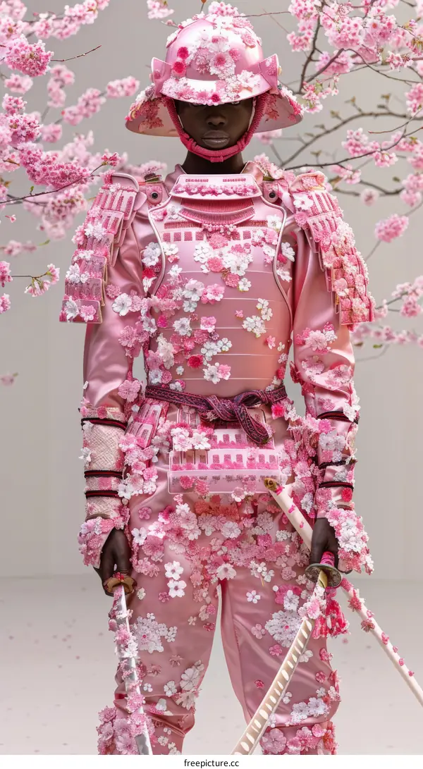 Model in Pink Samurai Armor and Helmet with Cherry Blossoms