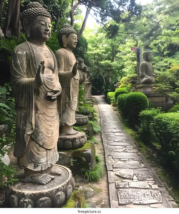 Stone Buddha Statues Along a Path in a Japanese Garden
