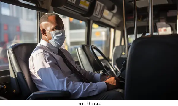 A bus driver wearing a mask sits in the driver's seat of a bus