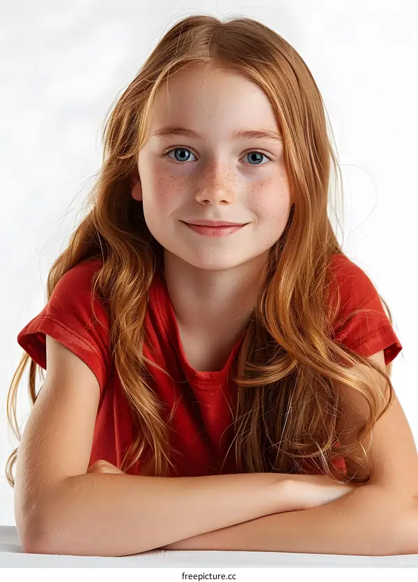 Portrait of a happy young girl with long red hair and freckles