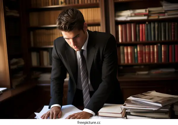 Young male lawyer or student in a library or home office