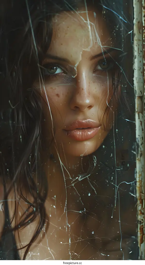 A beautiful woman with long dark hair is looking through a cracked glass window.