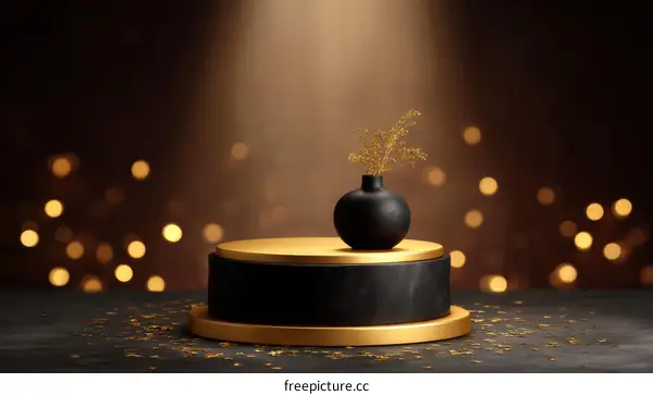 Elegant Black and Gold Display Podium with Dried Flowers