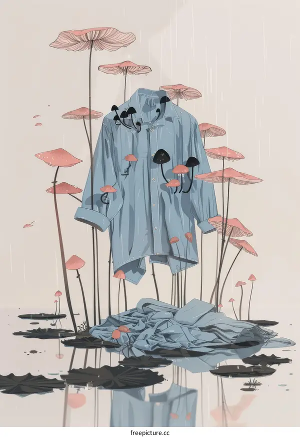 Surreal Blue Shirt Growing from Pink Mushrooms