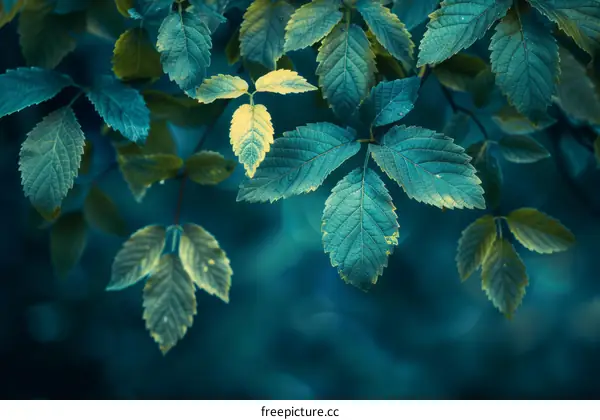 Close-up of green leaves with water drops after rain in dark tone