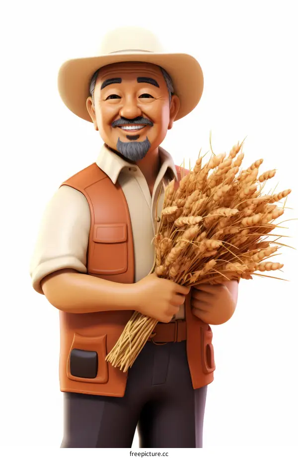 An illustration of an Asian man holding a bundle of wheat