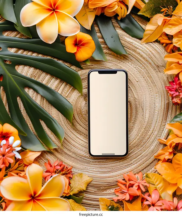 Tropical Flowers and Phone Mockup on Woven Mat