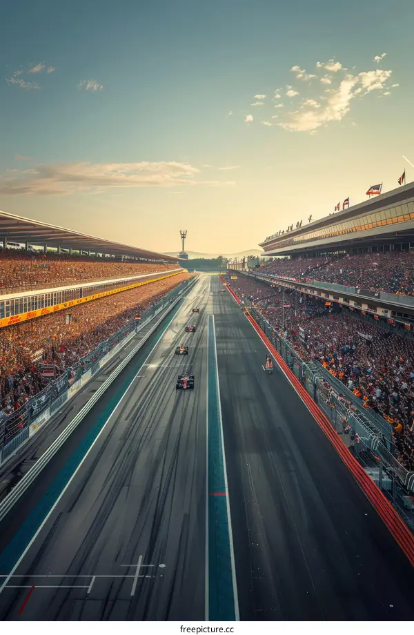 Formula One cars racing down a track with a large crowd in the stands