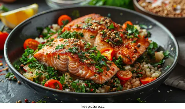Delicious and healthy salmon fillet with vegetables and spices