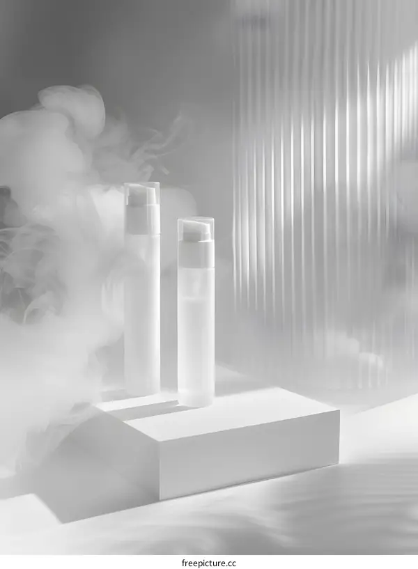 Cosmetic bottles on a podium with smoke
