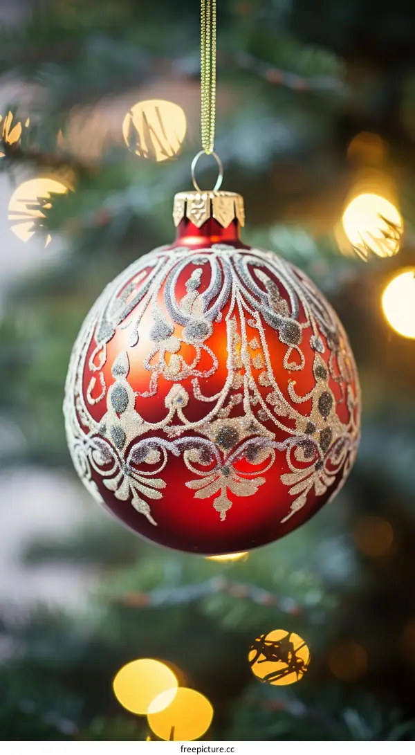 Red Christmas ball hanging on a Christmas tree