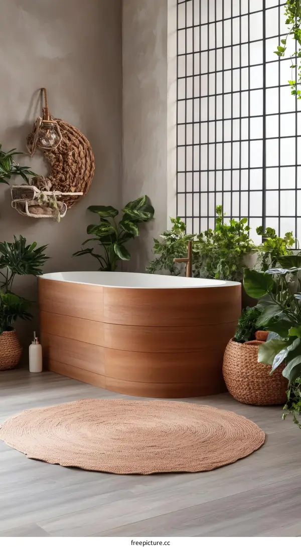 Modern Natural Bathroom with Wooden Bathtub and Round Rug