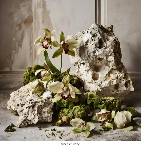 Green Orchids with Rocks and Moss