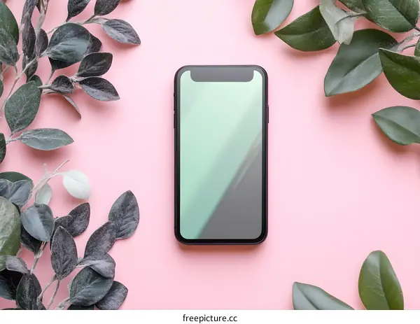 Black Smartphone with Green Leaves on a Pink Background