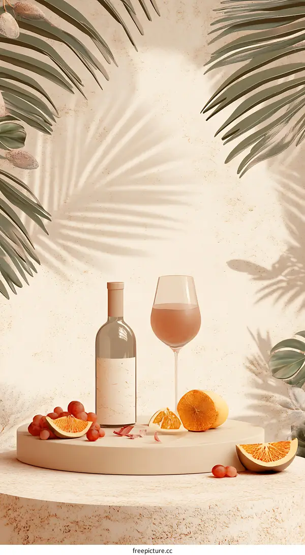 Summer Wine Still Life with Palm Leaves and Oranges