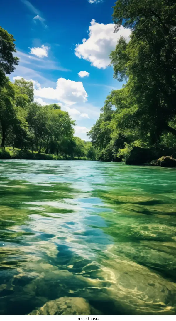 lush green trees by the river on a sunny day