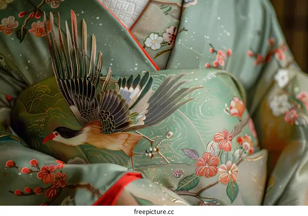 A kimono with a pattern of flying birds and cherry blossoms