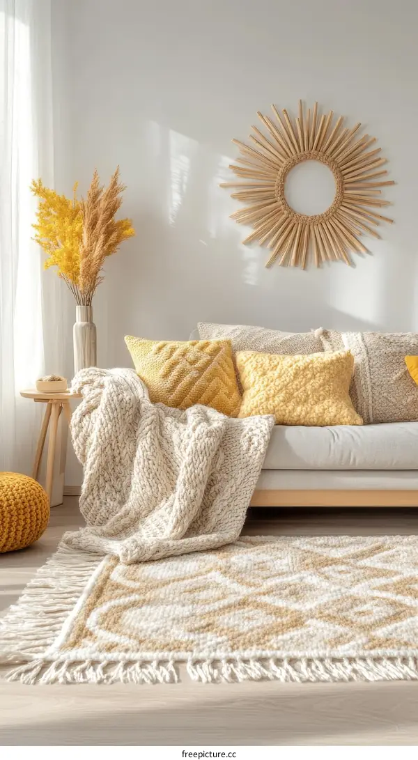 Modern Boho Living Room Decor with Knitted Throw