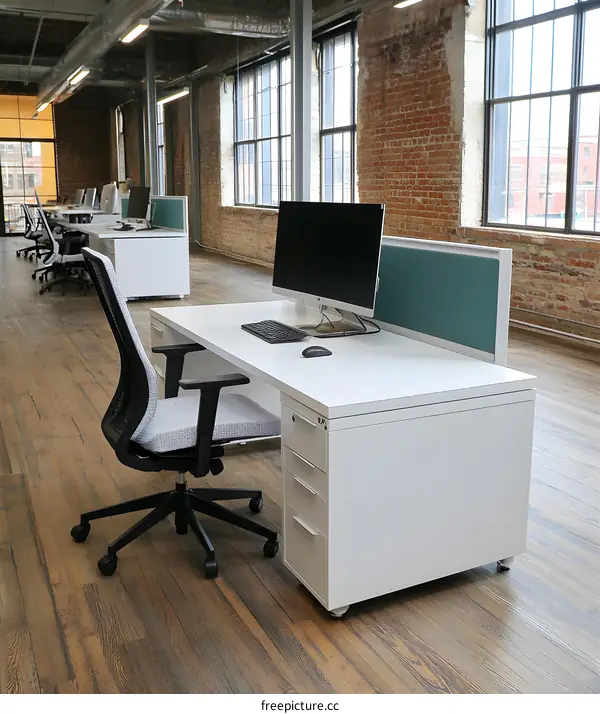 Modern White Office Desk with Chair and Windows