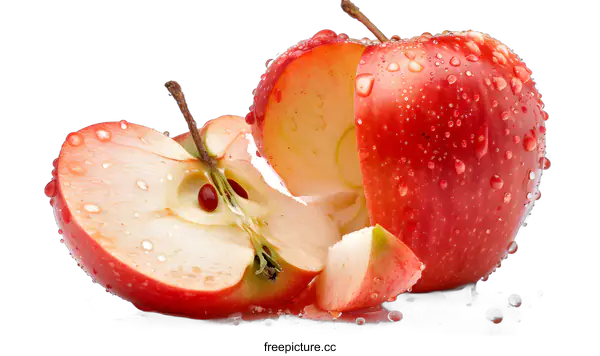 [Transparent Background PNG]Fresh Red Apple Cut in Half With Water Drops