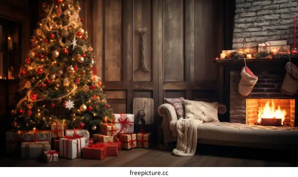 A cozy living room with a fireplace, Christmas tree, presents and a couch