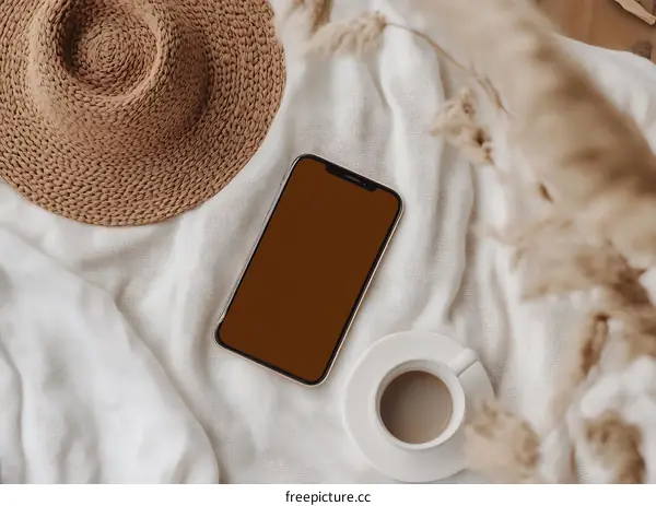 Minimalist Flat Lay with Phone, Coffee, Hat and Dried Flowers