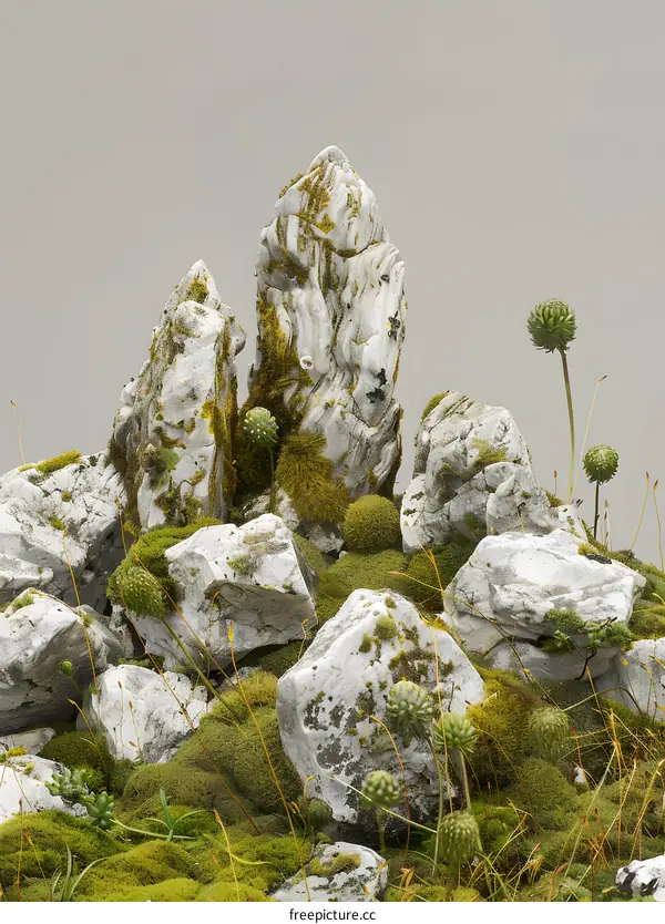 White Rocks Covered in Green Moss