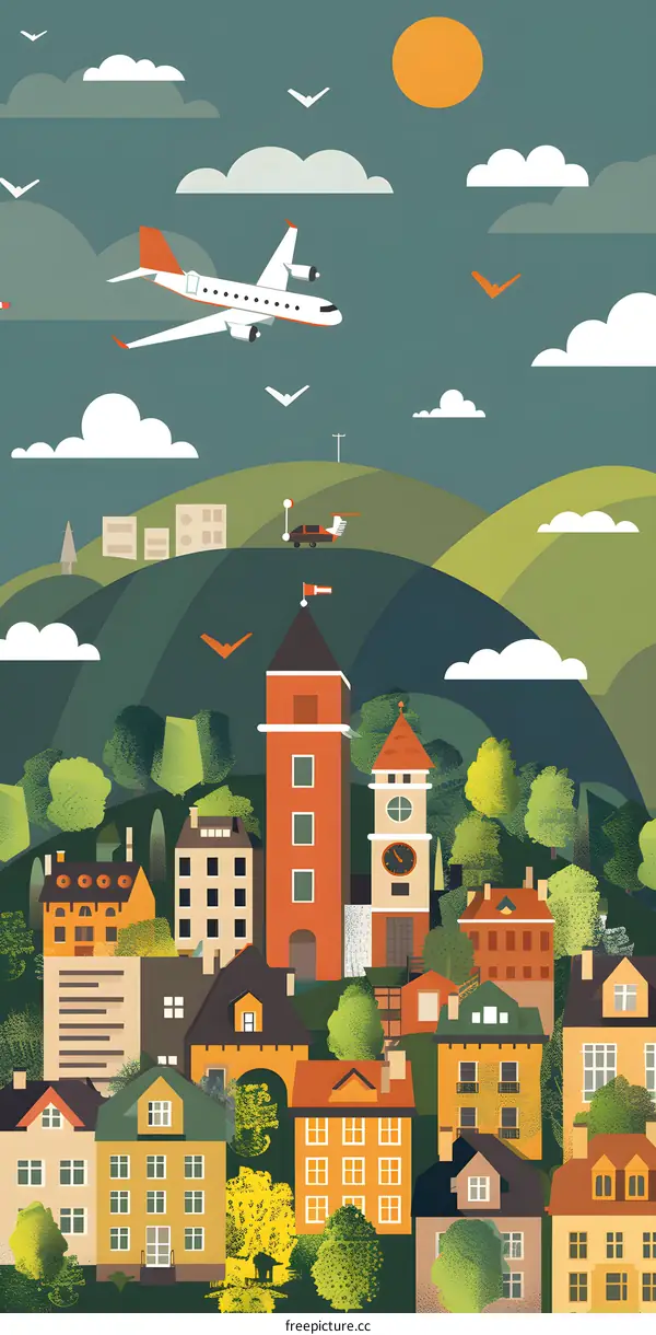 Airplane Flying Over Green Hills and Colorful Houses
