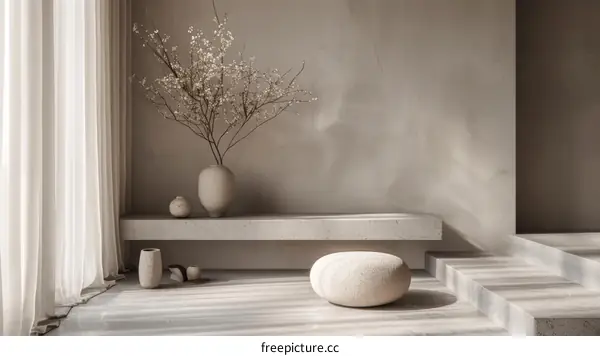 A minimalist living room with a large vase of flowers and a soft ottoman